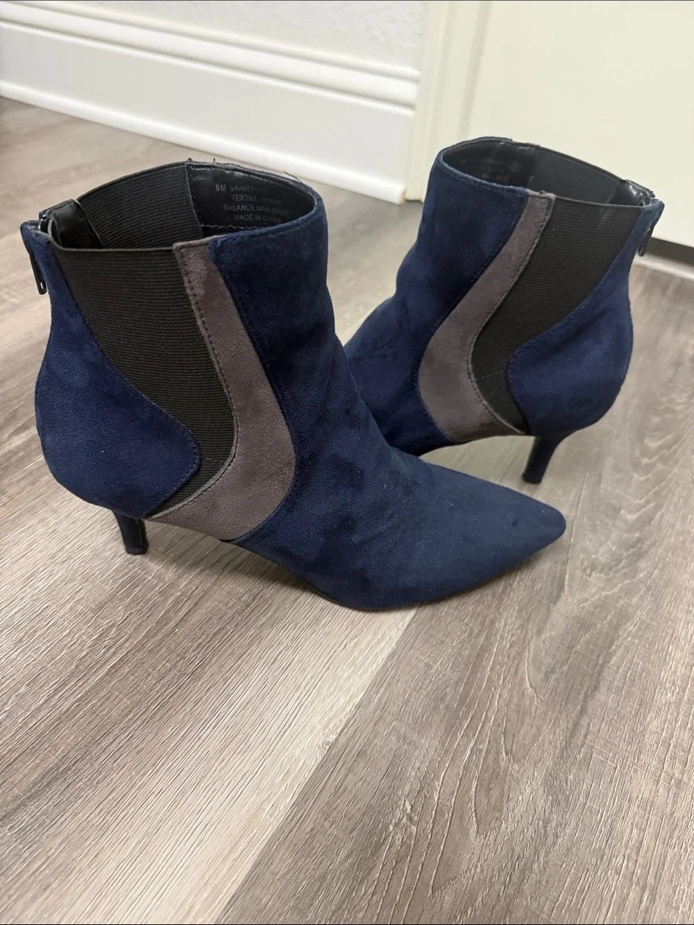 A2 By Aerosoles Navy Suede Pointed Ankle Booties with Gray Panels